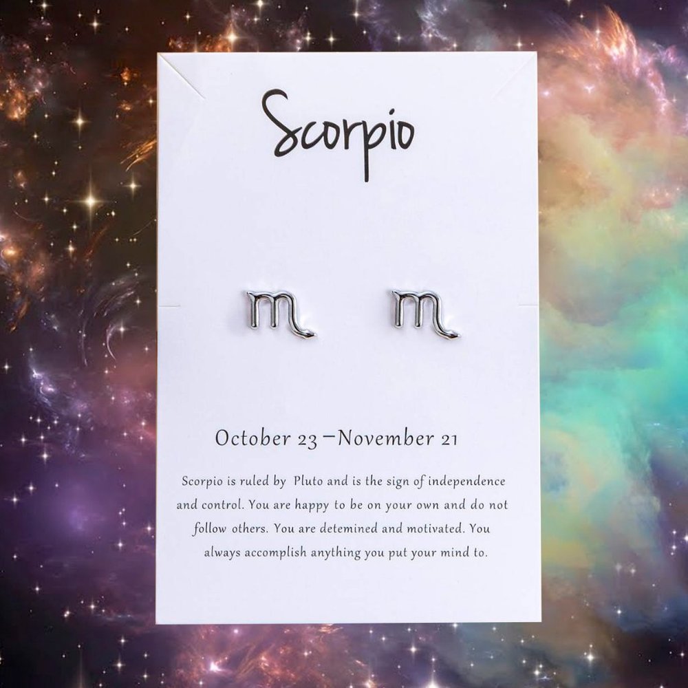 SCORPIO Zodiac Silvertone Stud Earrings on Card NEW! 1118x2